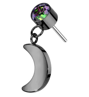 Black PVD Black Aurora CZ Dangle Crescent Moon Titanium Threadless Top