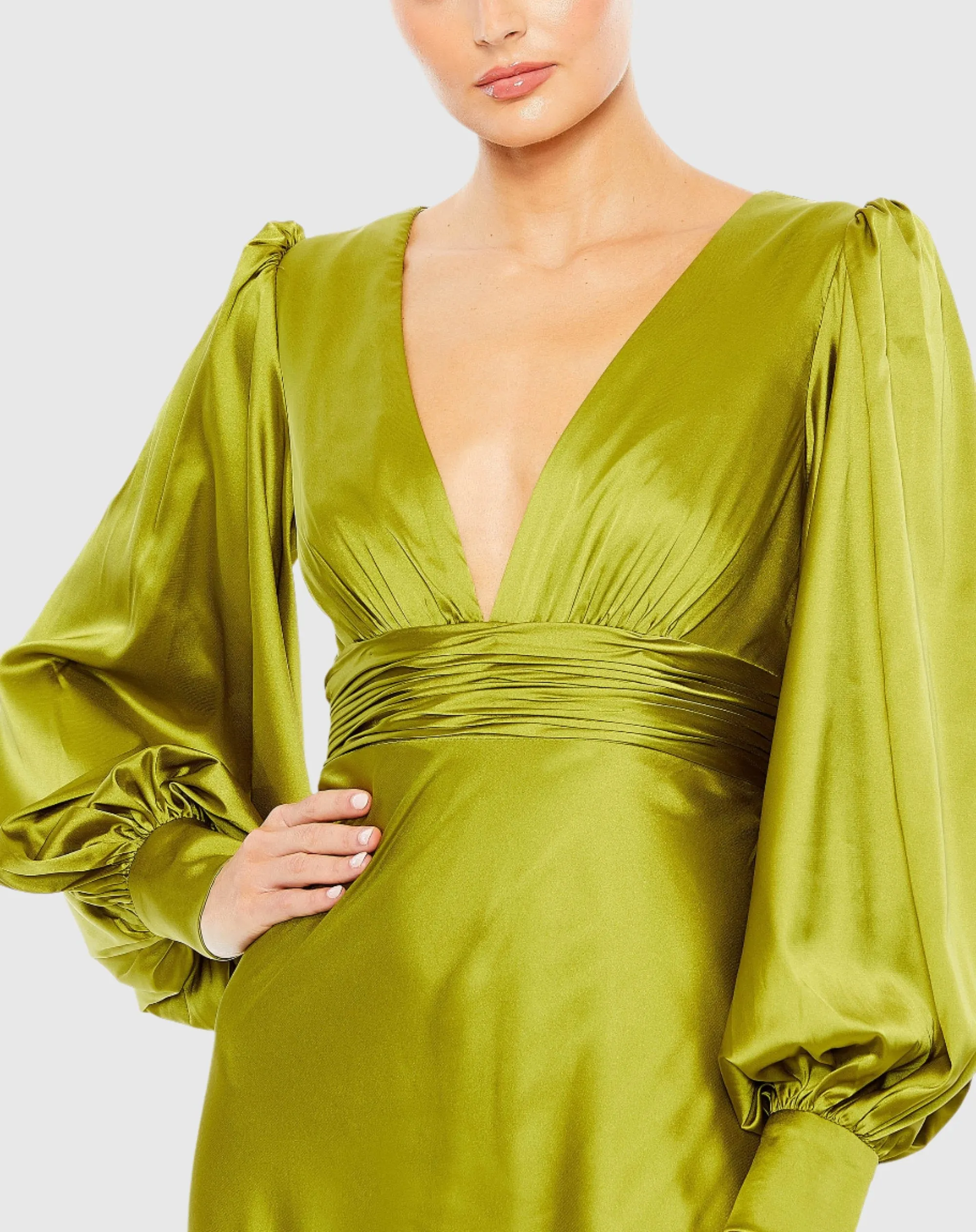 Charmeuse Bishop Sleeve V Neck Gown