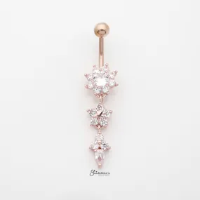 CZ Flowers Dangle Belly Button Navel Ring - Rose Gold