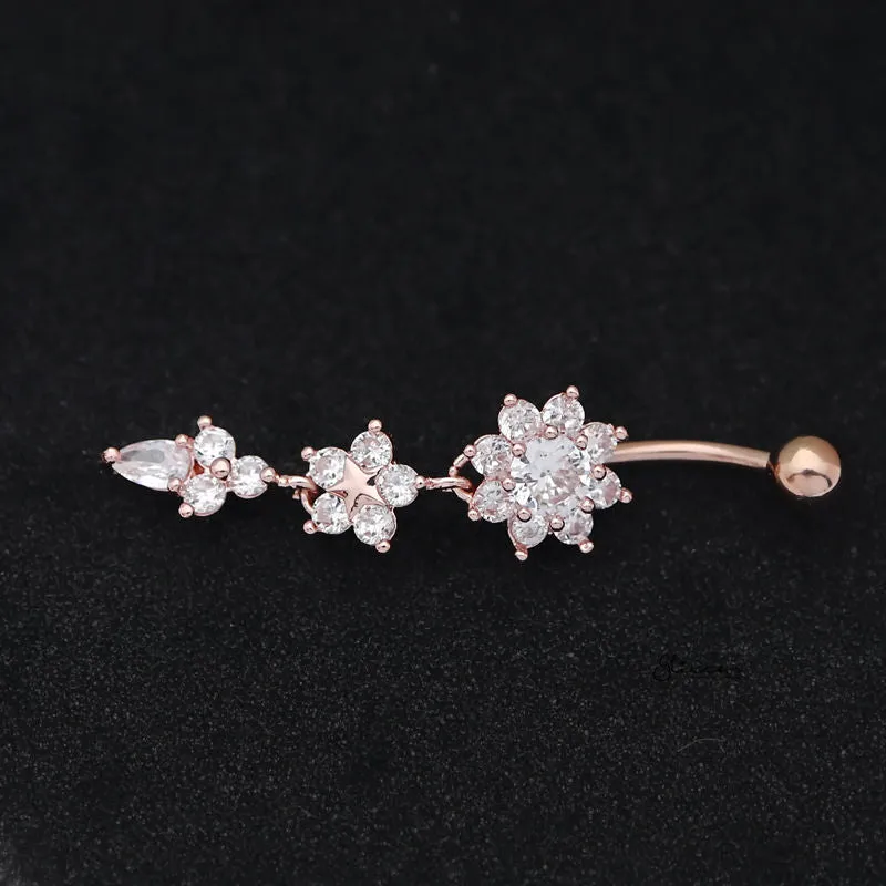 CZ Flowers Dangle Belly Button Navel Ring - Rose Gold