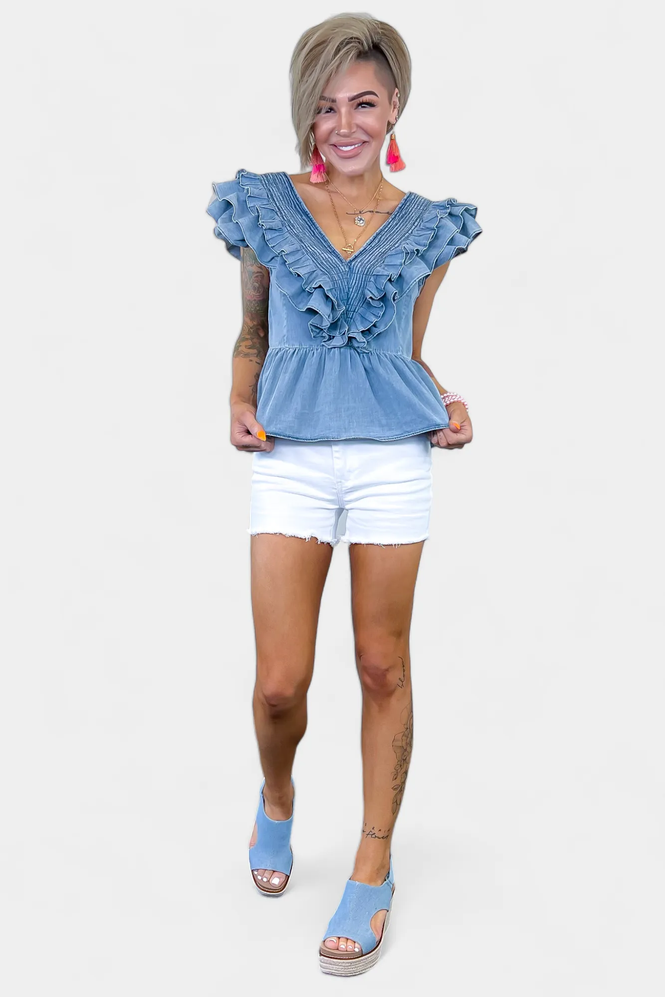 Denim V-Neck Ruffle Sleeve Top