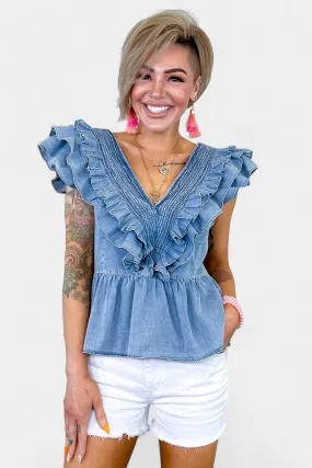 Denim V-Neck Ruffle Sleeve Top