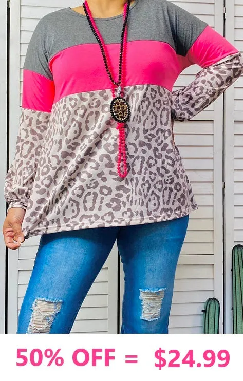 Grey, Pink, Leopard long sleeve top