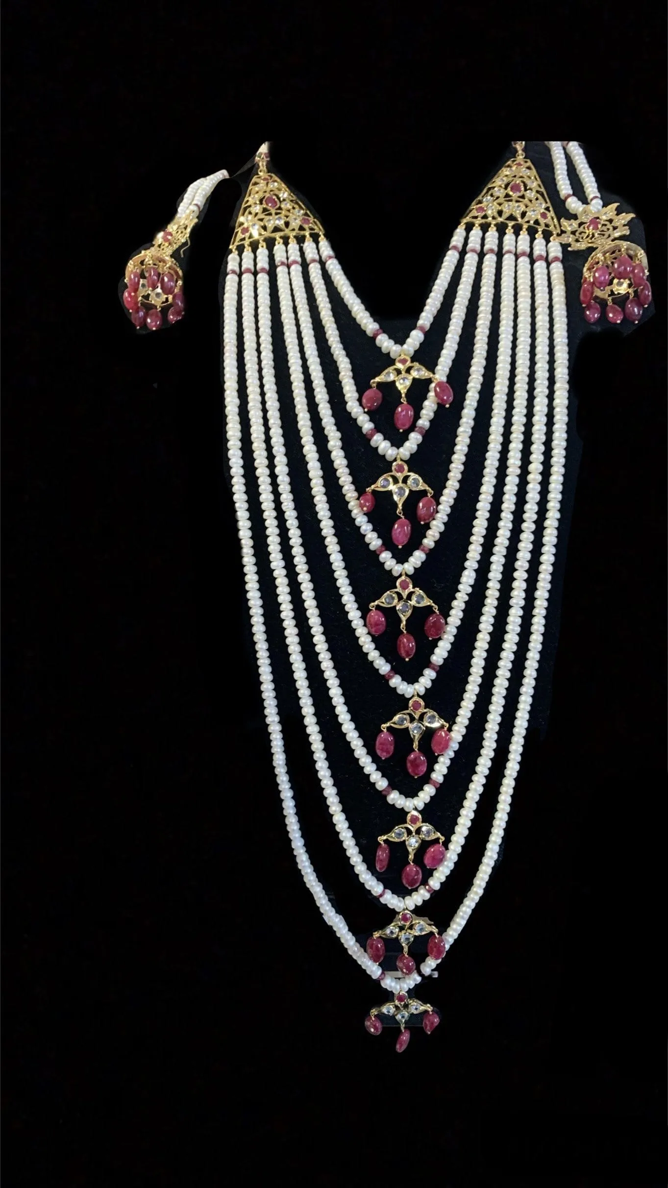 Insia jadavi lacha satlada set in rubies with fresh water pearls ( SHIPS IN 3 WEEKS )