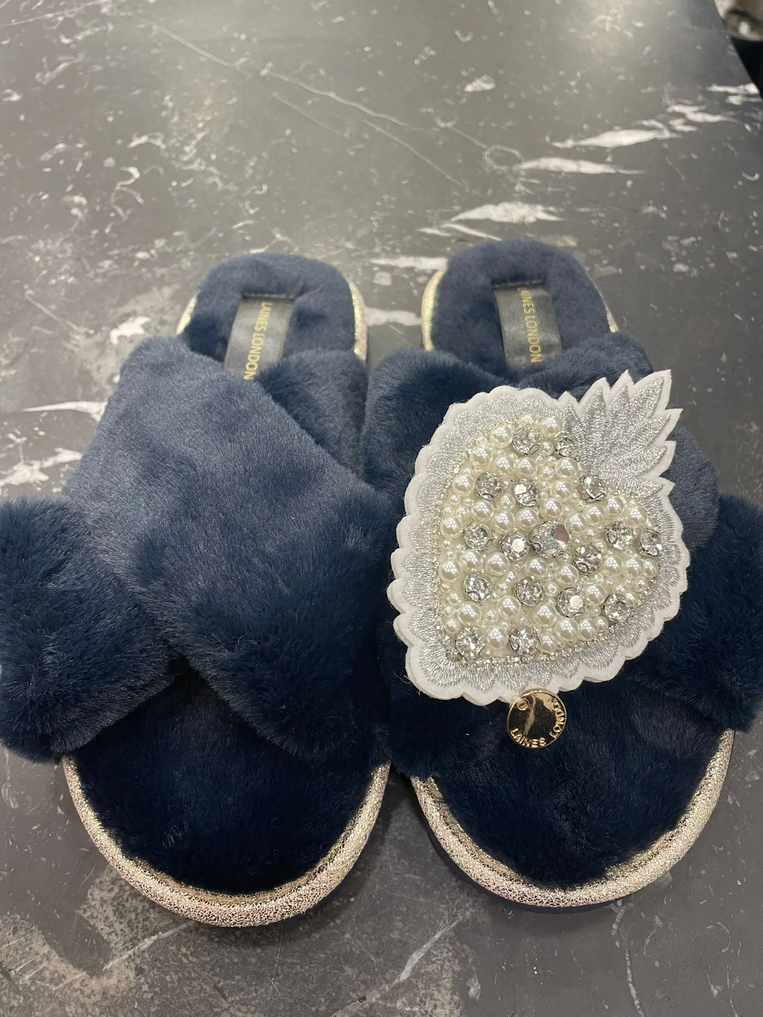 Laines London Navy Pearl Heart Slippers