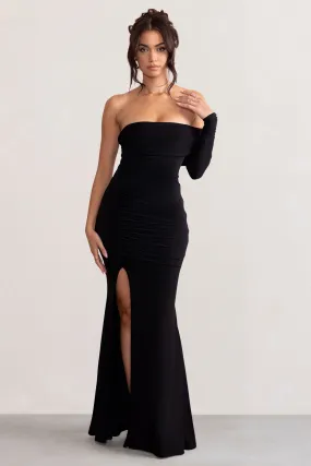 Meghan | Black Bardot Neck Thigh Split Fishtail Maxi Dress