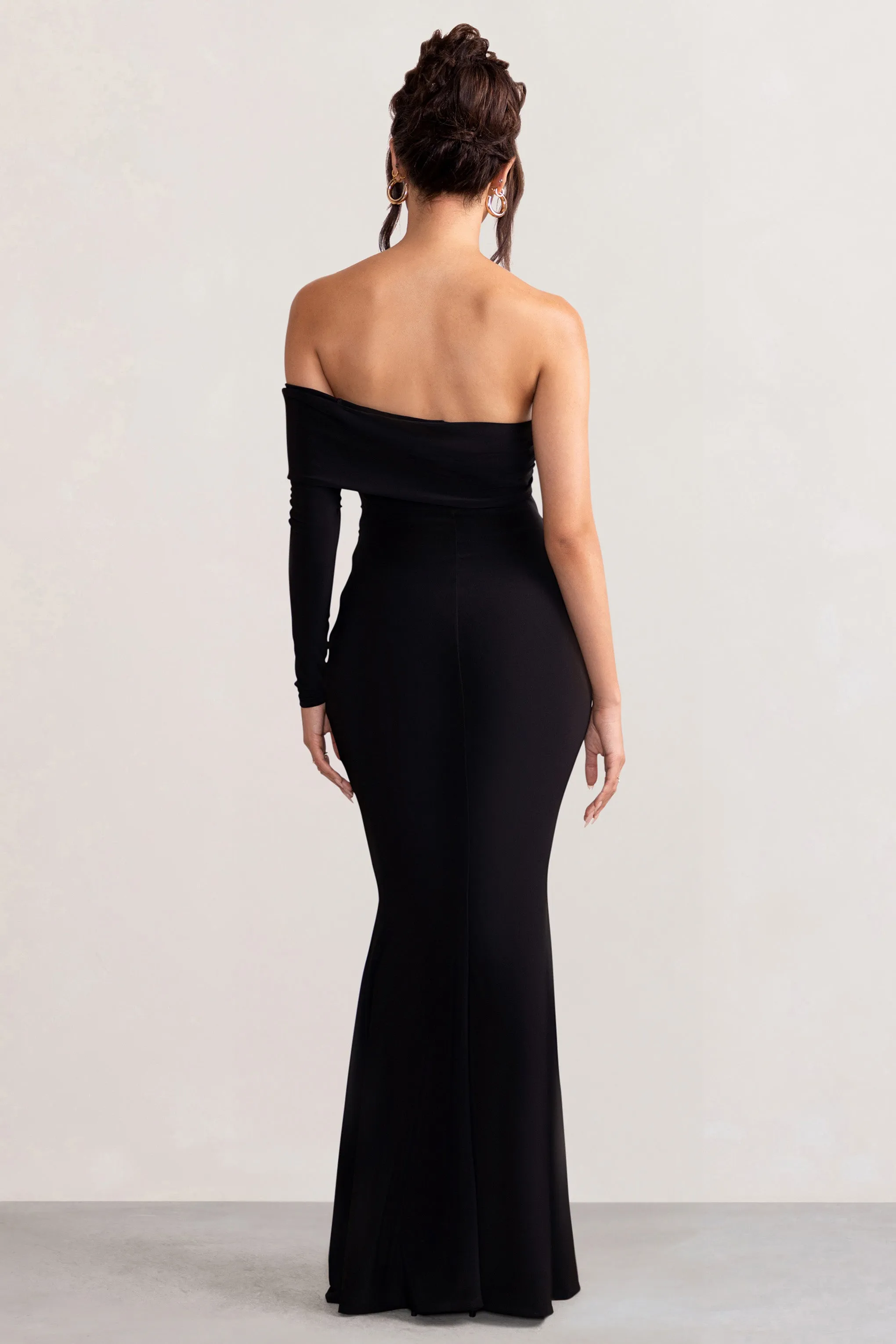 Meghan | Black Bardot Neck Thigh Split Fishtail Maxi Dress