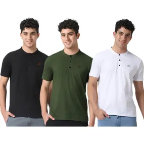 Men's Multicolor Solid Mandarin Collar Slim Fit Cotton T-Shirt Pack of 3