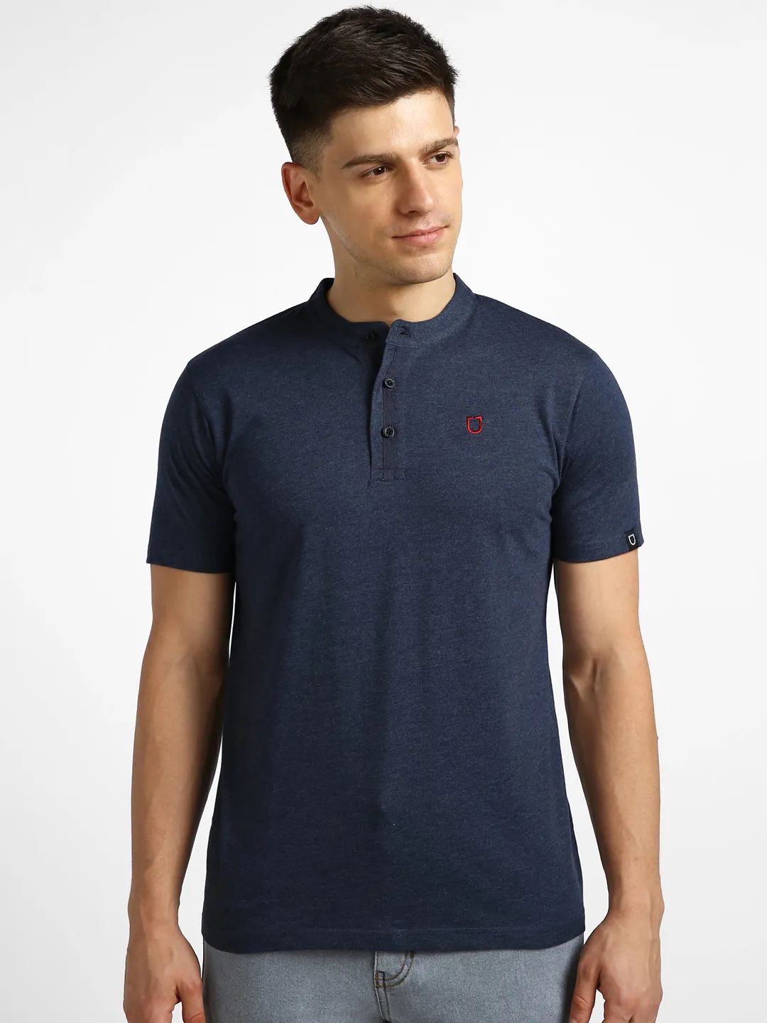 Men's Navy Melange Solid Mandarin Collar Slim Fit Half Sleeve Cotton T-Shirt