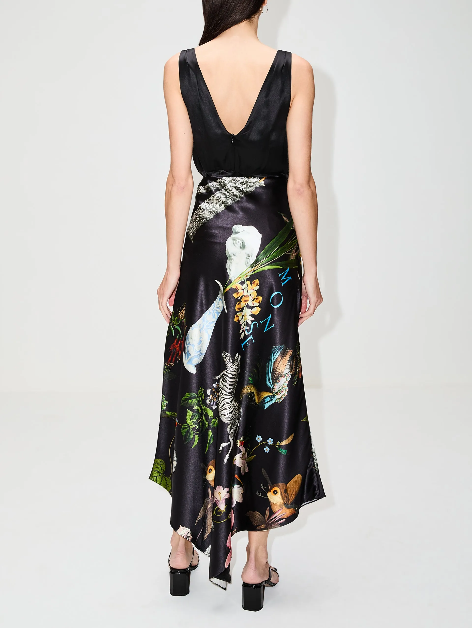 Print Satin Long Draped Skirt