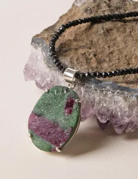 Raw Oval Ruby Zoisite and Black Onyx Beaded Necklace