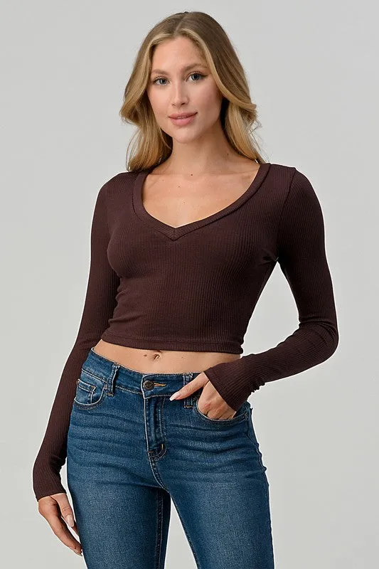 V-Neck Long Sleeve Ribbed Top