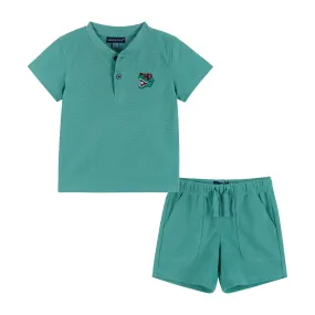 Waffle Knit Henley Top & Shorts Set | Aqua