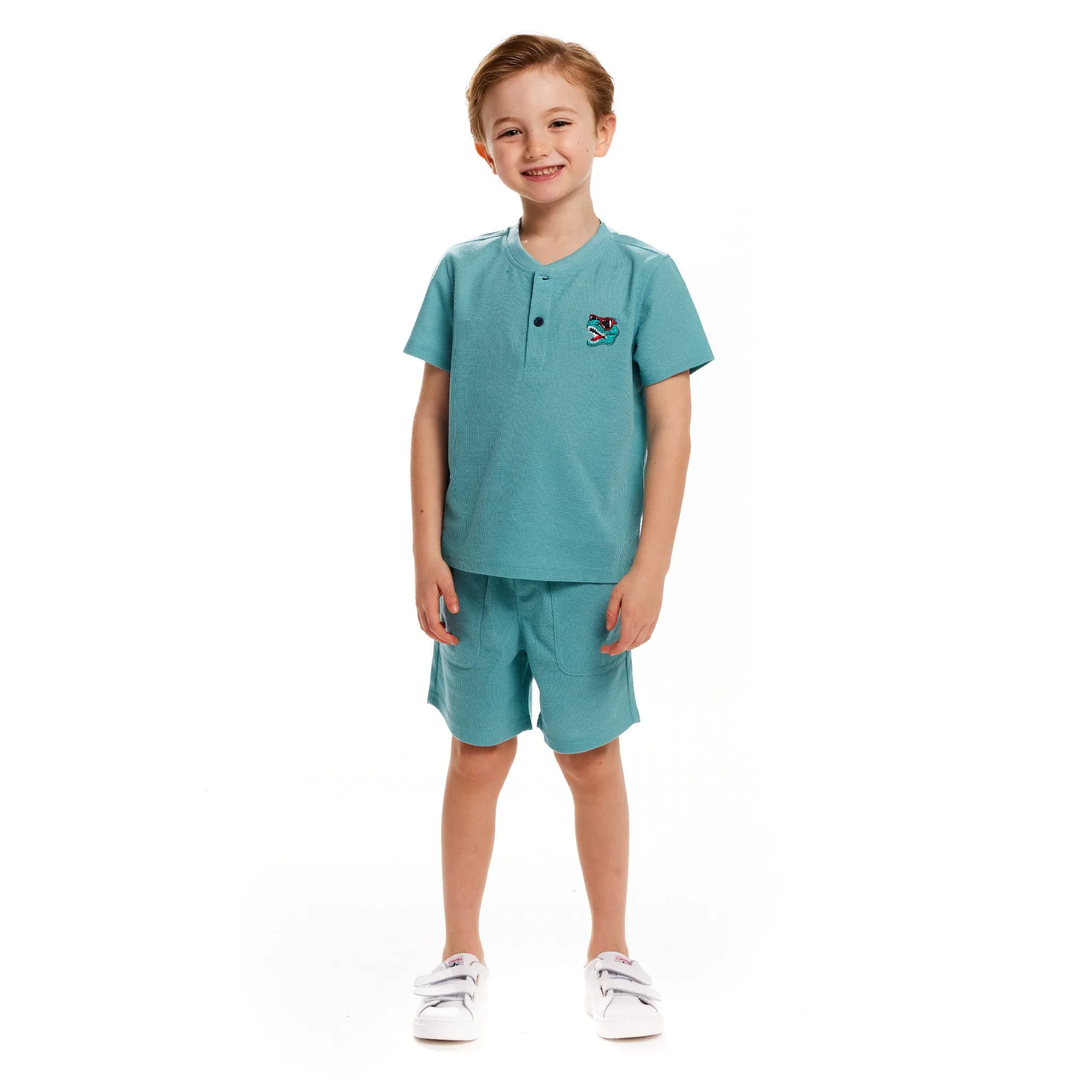 Waffle Knit Henley Top & Shorts Set | Aqua