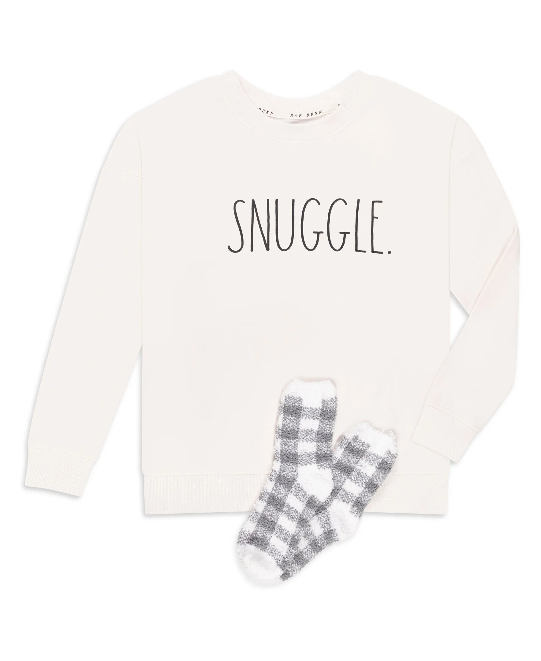 Women's "SNUGGLE" Drop Shoulder Sweatshirt and Plaid Socks Set